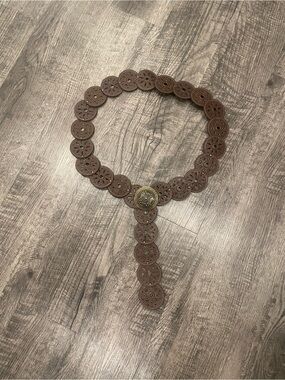 Brown Leather Disc Belt with Decorative Brass Medallion